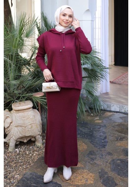 Bordo Triko Süveter Kombinli Elbise