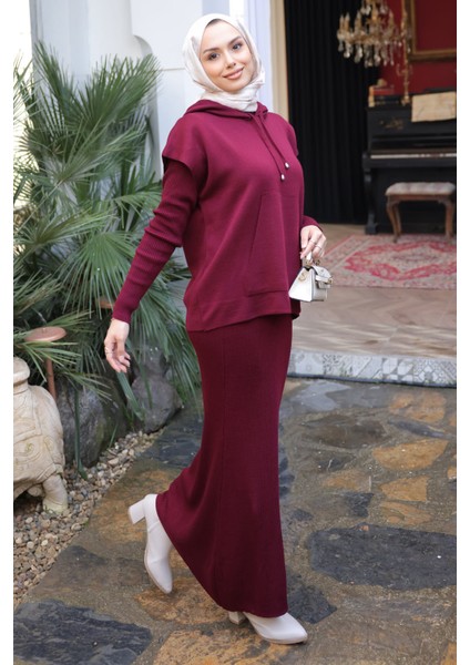 Bordo Triko Süveter Kombinli Elbise modelleri