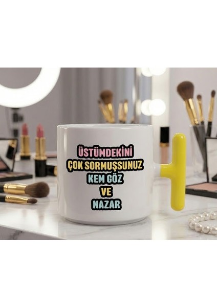 Yazılı T Kulplu Porselen Kupa Bardak | Yelkovanstudio