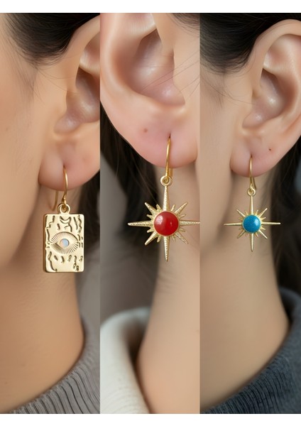 Göz Kırmızı Güneş Mavi Güneş 3’lü Sembol Kadın Küpe Set