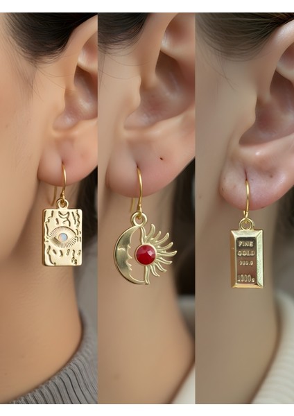 Göz Ay Güneş Külçe Altın 3’lü Sembol Kadın Küpe Set