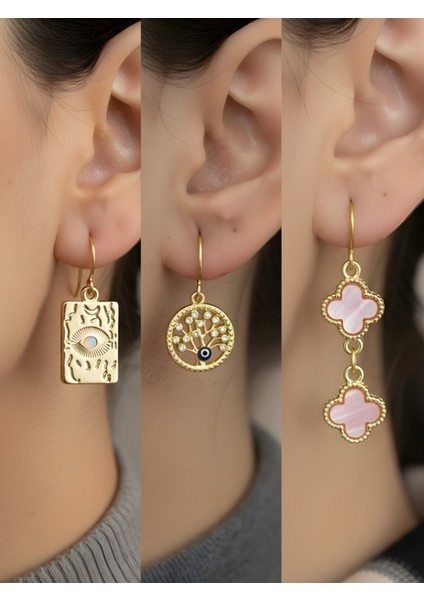 Göz Hayat Ağacı Pembe Yonca 3’lü Sembol Kadın Küpe Set