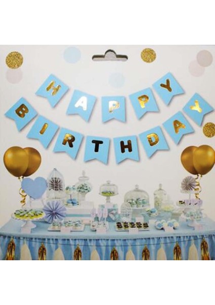 Happy Birthday Banner Mavi Yazısı Altın