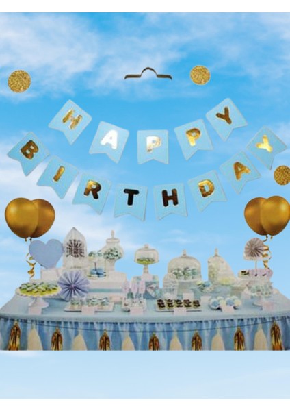 Happy Birthday Banner Mavi Yazısı Altın modelleri