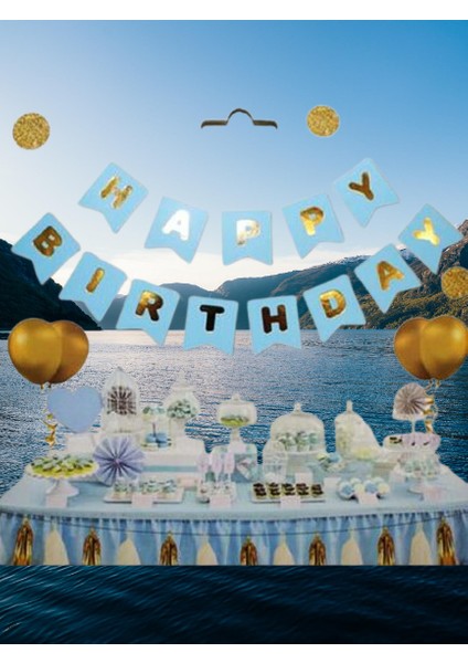 Happy Birthday Banner Mavi Yazısı Altın fırsatları