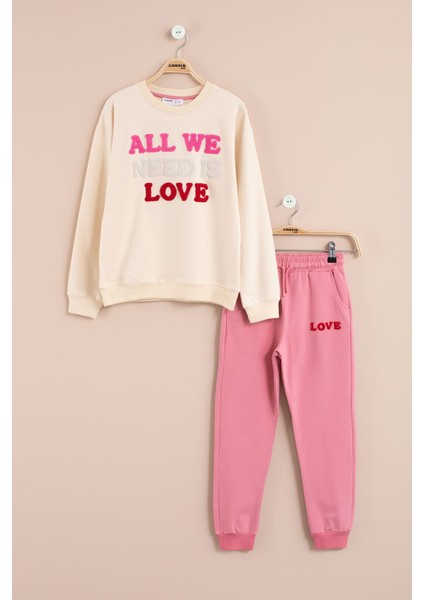 Krem Love Nakışlı Kız Çocuk Eşofman Takımı 23393