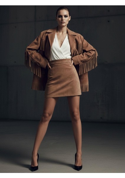 Fermuar Detaylı Süet Mini Etek - Kahve