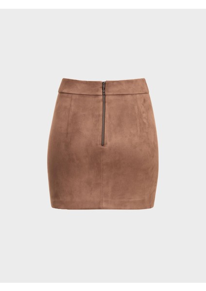 Fermuar Detaylı Süet Mini Etek - Kahve modelleri