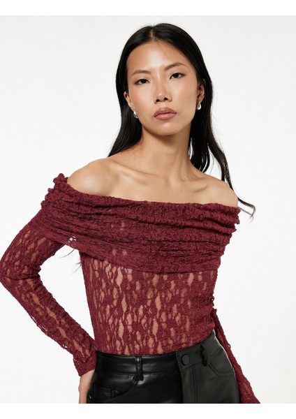 Uzun Kollu Yarı Transparan Açık Omuz Dantelli Bluz