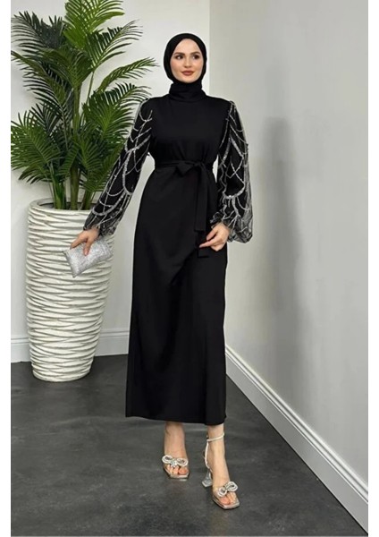 Angelica Kolları Simli Tesettür Abiye- Siyah