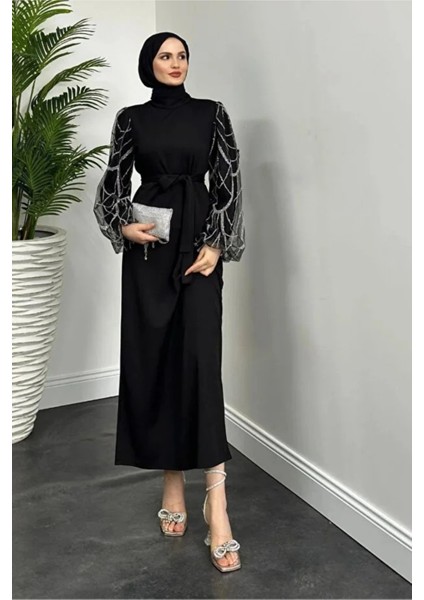 Angelica Kolları Simli Tesettür Abiye- Siyah modelleri