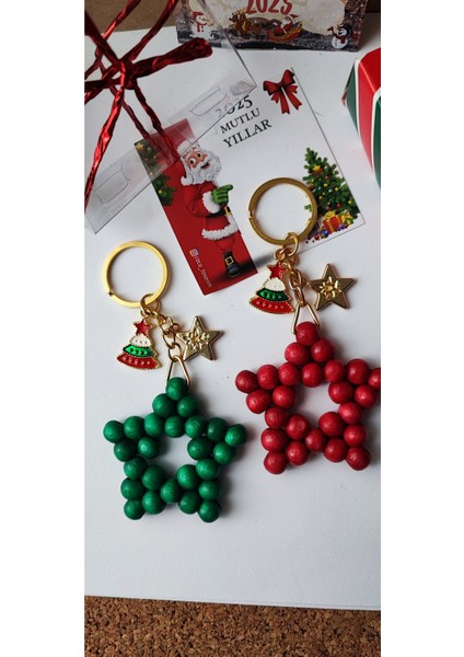Yılbaşı Figürleri ve Ahşap Boncuk Yıldız Anahtarlık Seti, Kartlı ve Kutulu Hediyelik