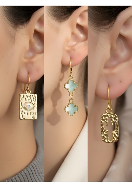 Göz Mavi Yonca Kaktüs 3’lü Sembol Kadın Küpe Set