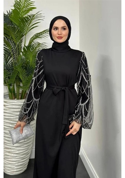 Angelica Kolları Simli Tesettür Abiye- Siyah fırsatları