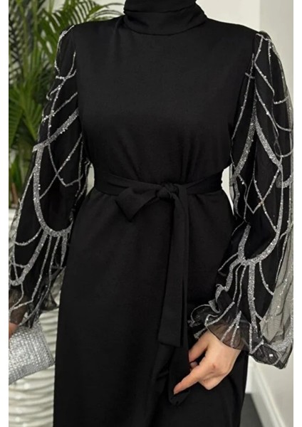 Angelica Kolları Simli Tesettür Abiye- Siyah indirimleri