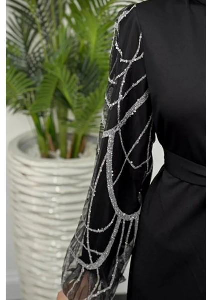 Angelica Kolları Simli Tesettür Abiye- Siyah