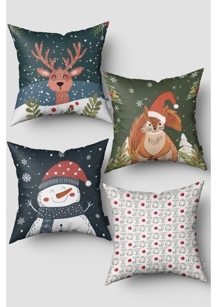 Koyu Mavi Yeşil Yılbaşı Figürlü 4'lü Kırlent Kılıfı Seti