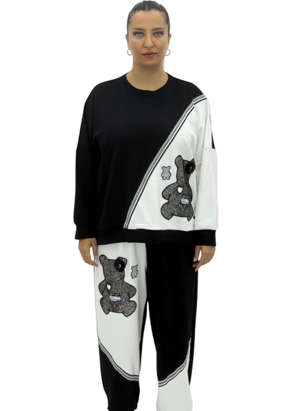 Büyük Beden Pamuklu Siyah Beyaz Ayıcık Desenli Bluz Eşofman Oversize Kadın Takım
