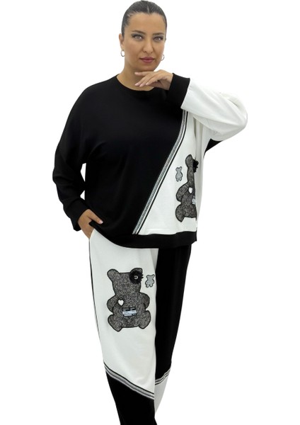 Büyük Beden Pamuklu Siyah Beyaz Ayıcık Desenli Bluz Eşofman Oversize Kadın Takım fiyatları
