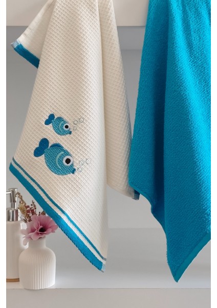 2’li Nakışlı Mutfak Havlusu - %100 Pamuk Balık Desenli - 40X60 cm - Mavi