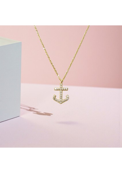 Çapa Figürlü Zirkon Taşlı 14 Ayar Altın Kolye