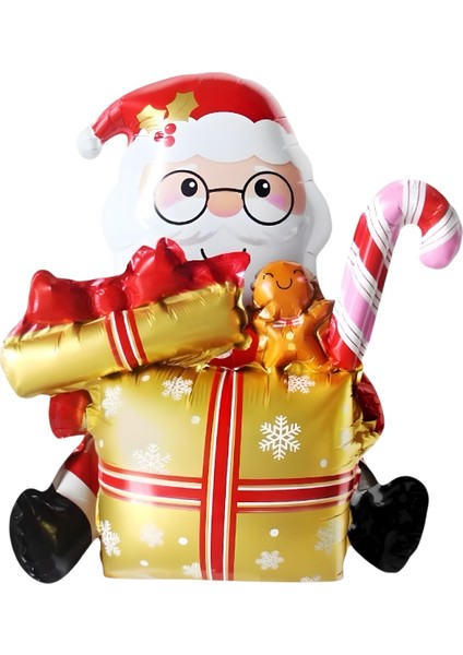 Kırmızı Noel Baba Balon Süsü, Kutulu Yılbaşı Dekorasyonu, Gold Renk, Oturan Tasarım