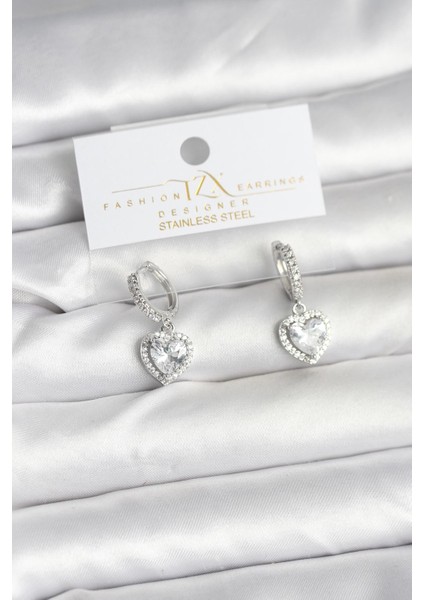 Pirinç Gümüş Renk Zirkon Taşlı Kalp Model Kadın Küpe - Lisinya