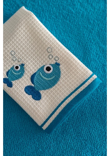 2’li Nakışlı Mutfak Havlusu - %100 Pamuk Balık Desenli - 40X60 cm - Mavi modelleri