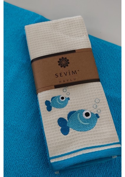 2’li Nakışlı Mutfak Havlusu - %100 Pamuk Balık Desenli - 40X60 cm - Mavi fırsatları