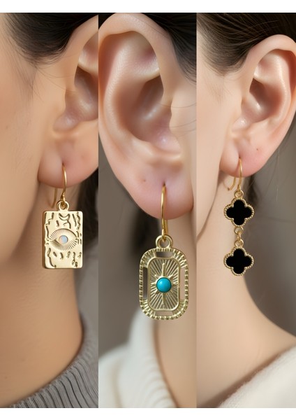 Göz Turkuaz Oval Siyah Yonca 3’lü Sembol Kadın Küpe Set