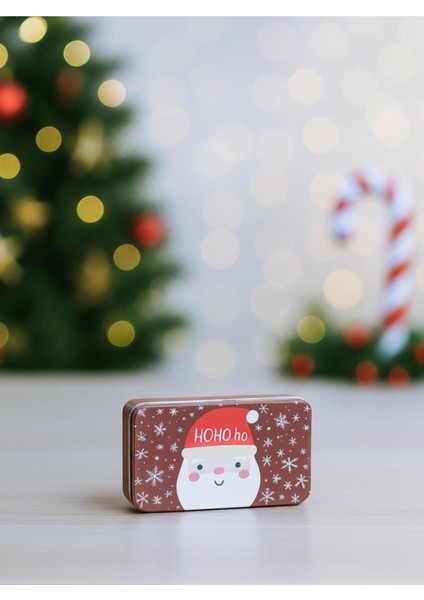 Yılbaşı Temalı Mini Dikdörtgen Teneke Kutu Noel Baba Desenli Bordo 11 cm
