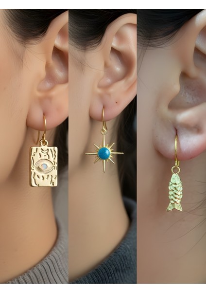 Göz Turkuaz Güneş Balık 3’lü Sembol Kadın Küpe Set