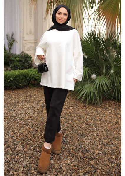Ekru Bisiklet Yaka Oversize Penye Sweat fiyatları
