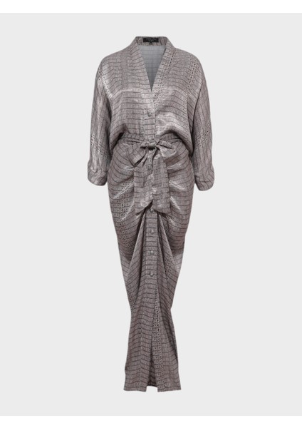 Önü Büzgülü Düğmeli Elbise - Athena Desenli