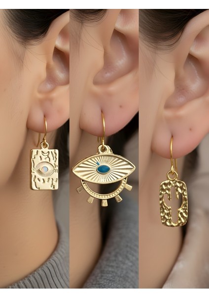 Göz Turkuaz Göz Kaktüs 3’lü Sembol Kadın Küpe Set