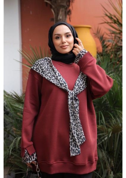 Kiremit Fular Detaylı İçi Şardonlu Üç İplik Sweatshirt