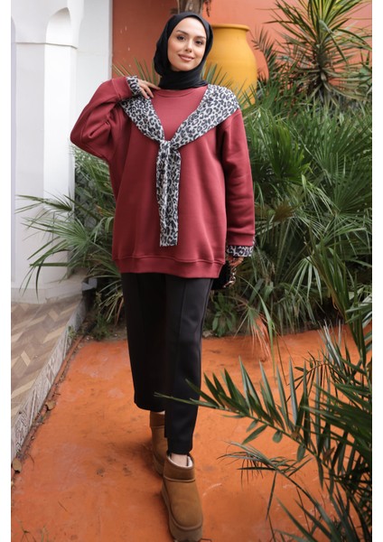 Kiremit Fular Detaylı İçi Şardonlu Üç İplik Sweatshirt modelleri