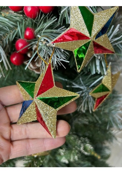 Yıldız Çam Ağacı Süsü 4'lü, 7 Cm, Parlak Sarı Renkli Noel Dekorasyonu