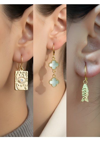 Göz Mavi Yonca Balık 3’lü Sembol Kadın Küpe Set