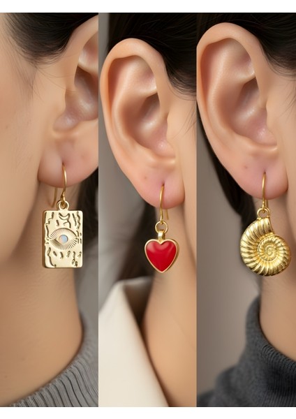 Göz Kırmızı Kalp Spiral 3’lü Sembol Kadın Küpe Set