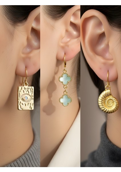 Göz Mavi Yonca Spiral 3’lü Sembol Kadın Küpe Set