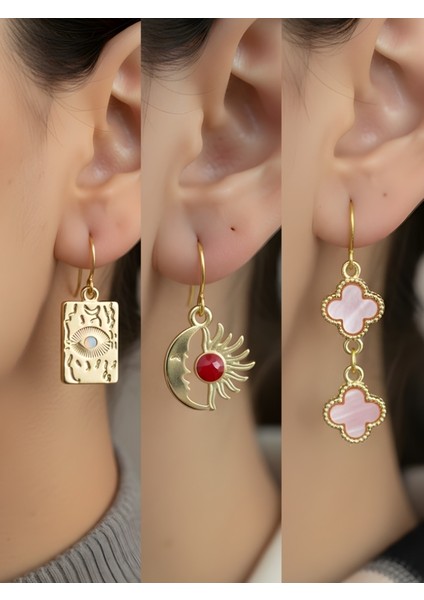 Göz Ay Güneş Pembe Yonca 3’lü Sembol Kadın Küpe Set