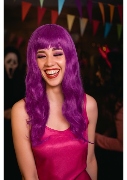 Peruk Saç Uzun Kahküllü 50 cm Mor