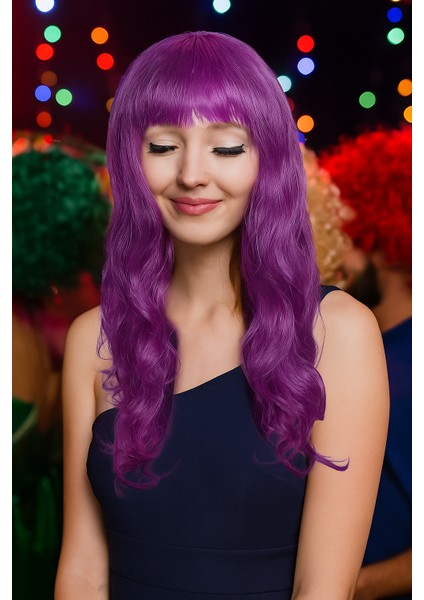 Peruk Saç Uzun Kahküllü 50 cm Mor