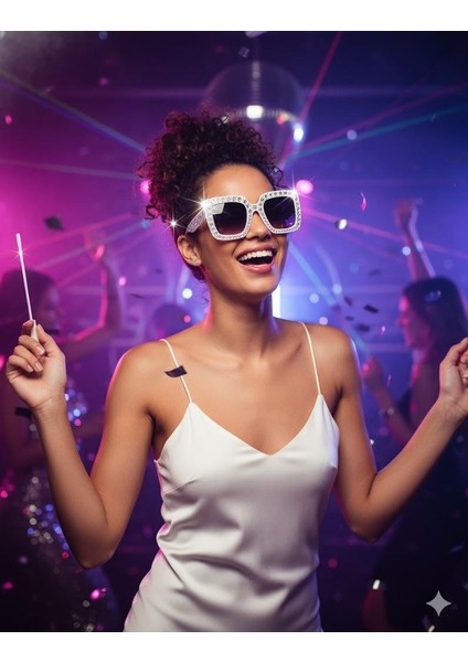 Parti Gözlük Çerçevesi Taşlı Beyaz Kare Lüks Parti Aksesuarı