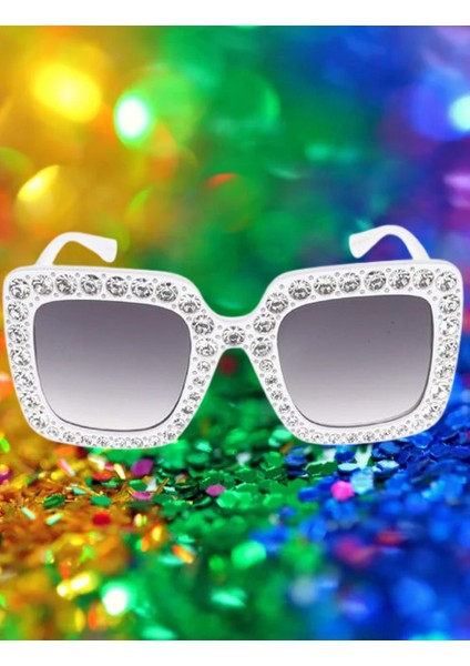 Parti Gözlük Çerçevesi Taşlı Beyaz Kare Lüks Parti Aksesuarı indirimleri