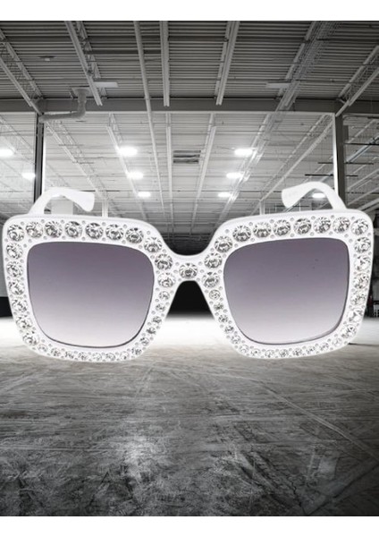 Parti Gözlük Çerçevesi Taşlı Beyaz Kare Lüks Parti Aksesuarı