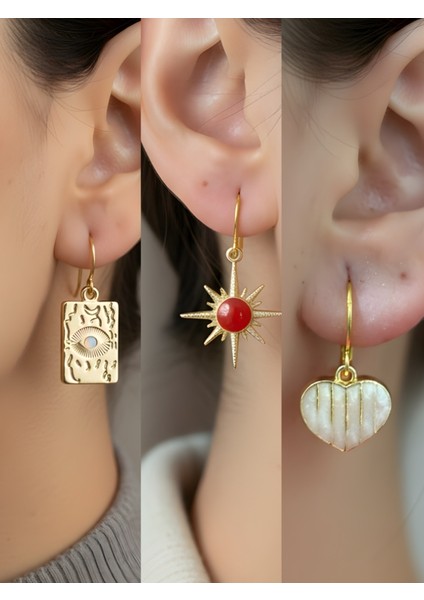 Göz Kırmızı Güneş Beyaz Kalp 3’lü Sembol Kadın Küpe Set