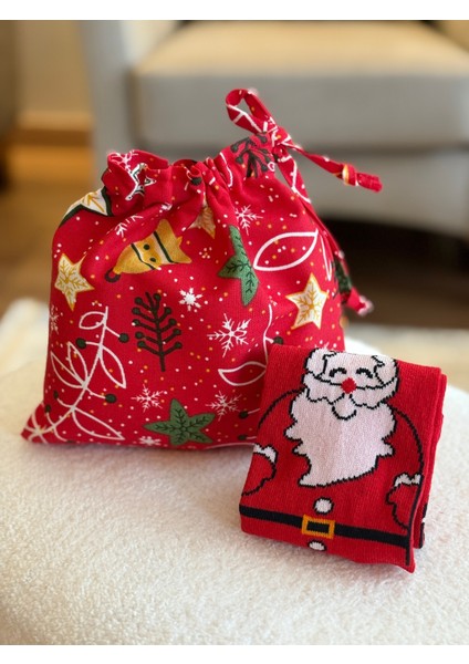 Çan Desenli Noel Temalı Keten Bez Kese ve Puantiyeli Yılbaşı Çorap Seti