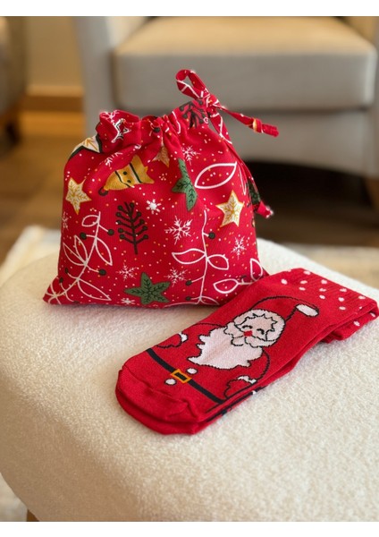 Çan Desenli Noel Temalı Keten Bez Kese ve Puantiyeli Yılbaşı Çorap Seti fiyatları